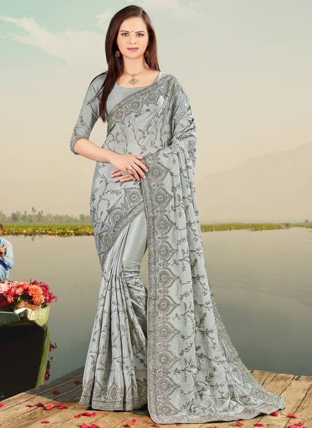 Gray Colour FIRSTCRY Designer Fancy Party Wear Chinon Heavy Resham Embroidery With Stone Work Latest Saree Collection 5223